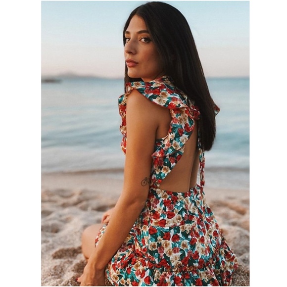 Backless Floral Print Mini Dress Deep V Neck - Picture 10 of 16